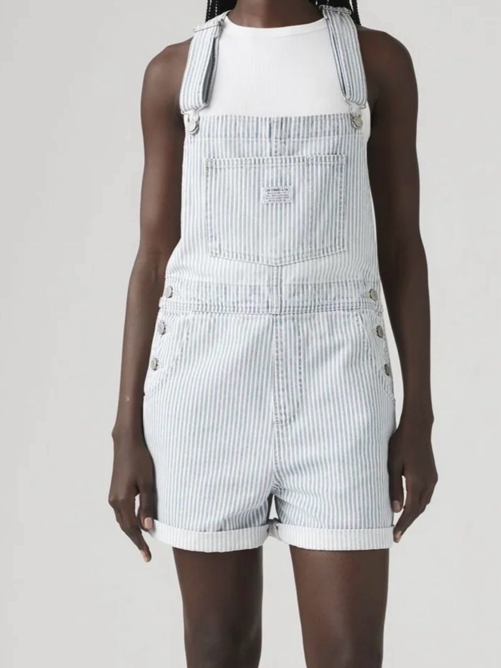 Levi's Women's Vintage Striped Shortall in a light wash blue and white 523330060